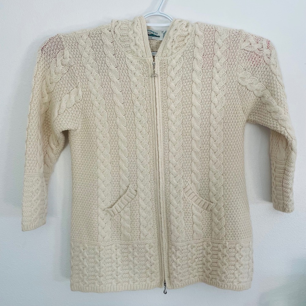 EUC Aran Crafts Cream Cable Knit Merino Wool Full Zip Hooded Cardigan Sweater XL